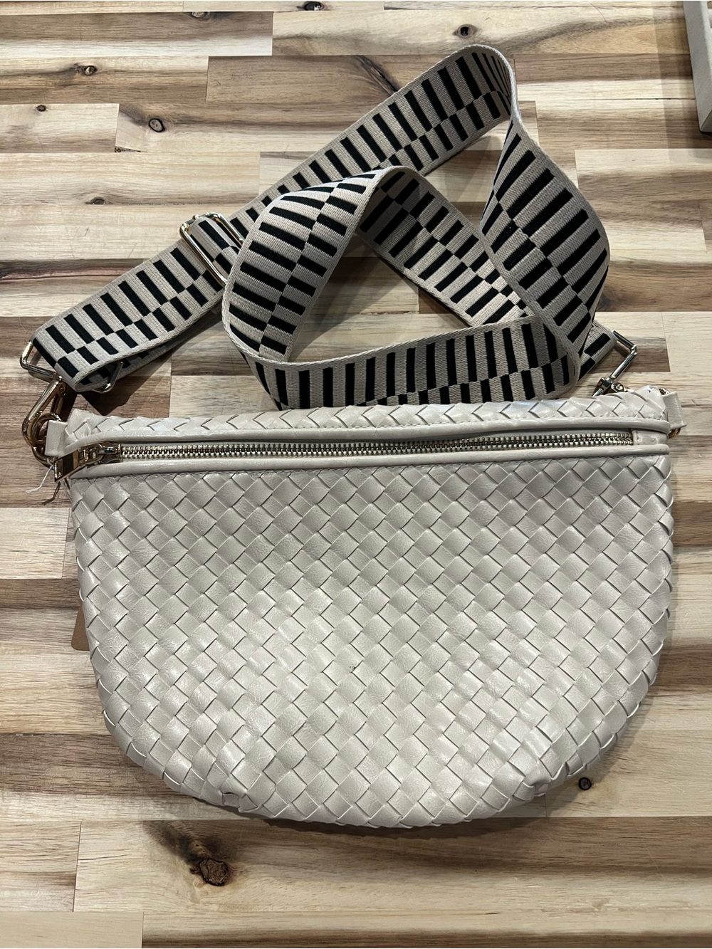 Woven Ivory Crossbody Bag with Striped Adjustable Strap